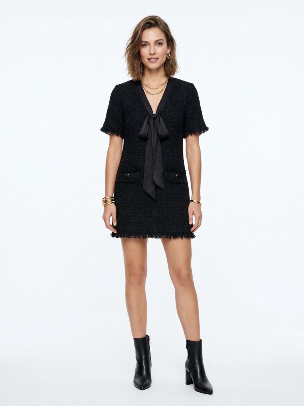 ZARA Woman $89 P2P 17” L 31” Black Bouclé Tweed Tie-Neck Fringed Mini Dress S